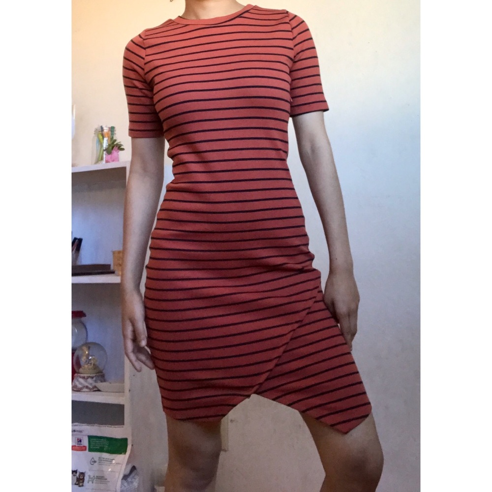 Burnt orange bodycon black striped dress